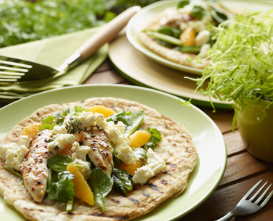 Chargrilled Chicken Pitas with Spinach, Orange and Marinated Fetta
